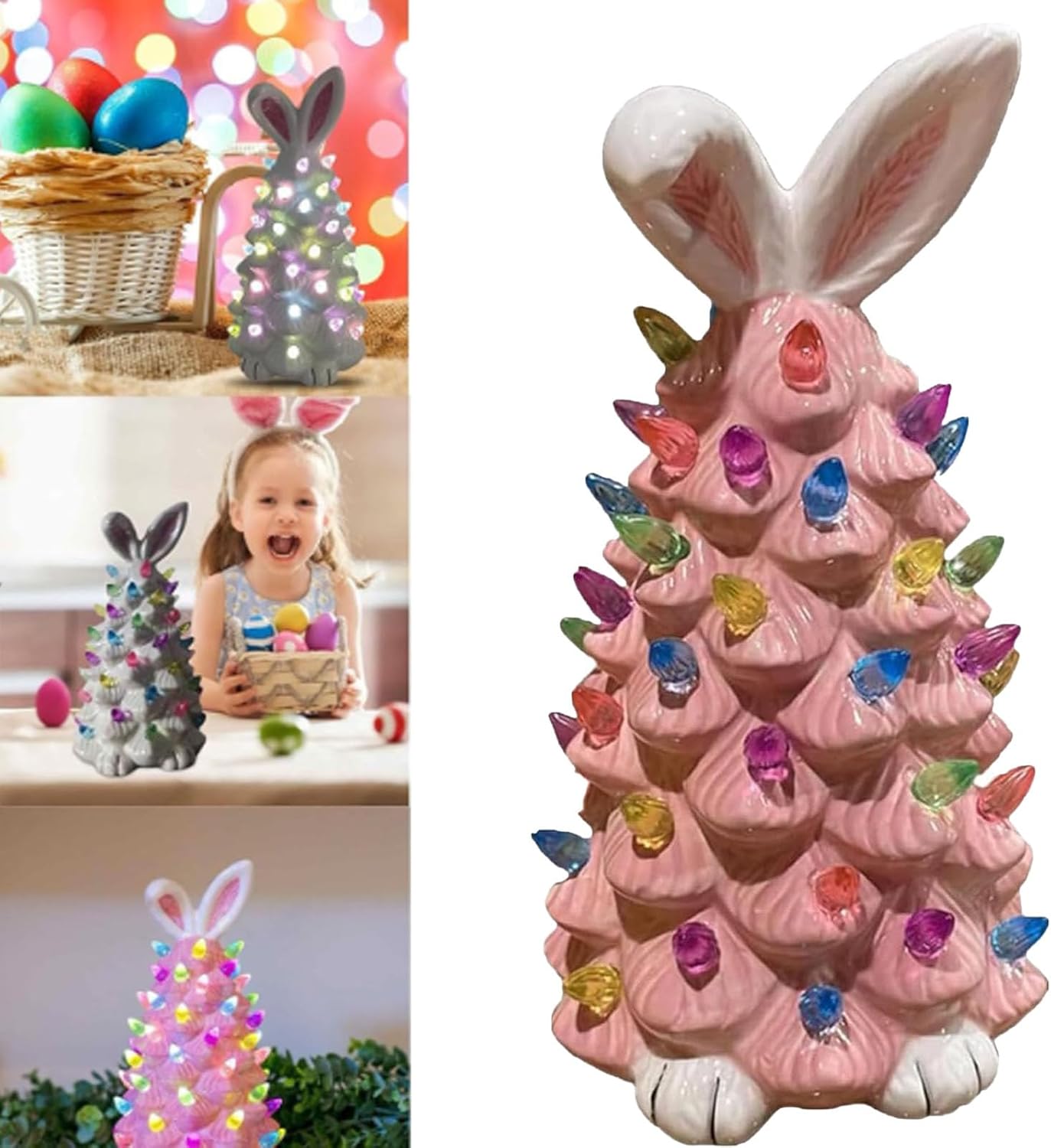 Ceramic Light up Easter Tree, Easter Ceramic Tree, Light up Ceramic Easter Bunny Tree, Easter Bunny Ceramic Tree, Ceramic Easter Tree with Lights, Easter Bunny Ceramic Tree Decor (Pink)